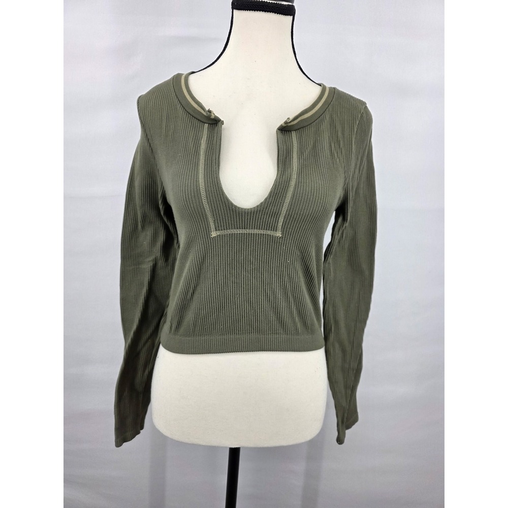 Altar'd State Intimates Olive Green Ribbed Long Sleeve U-Neck Crop Top L/XL